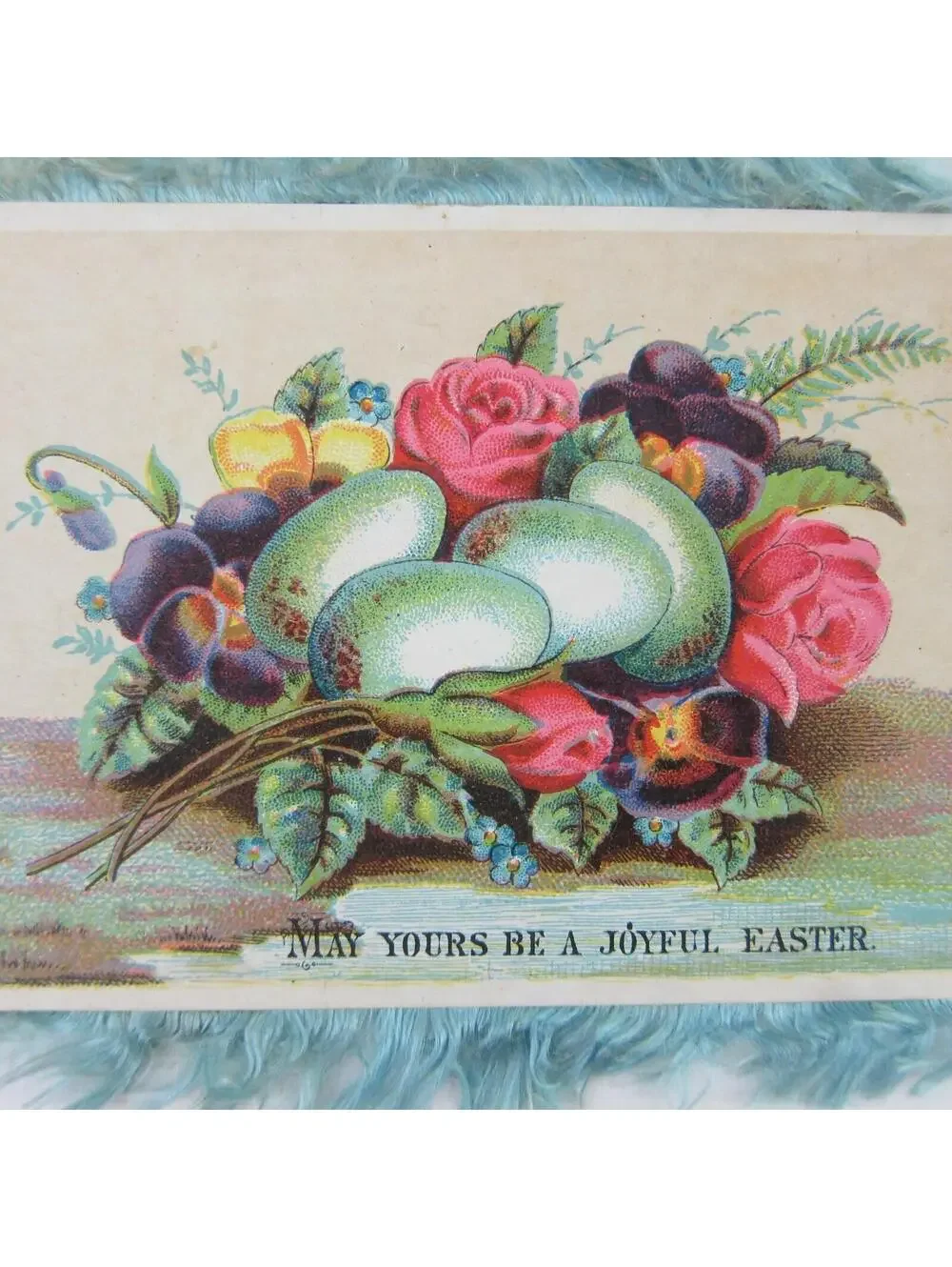 Victorian Greeting Card Easter Blue Silk Fringe Double Sided Flowers Egg Antique